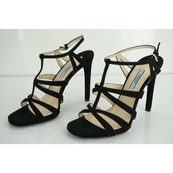 Prada Strappy Black Suede Strappy High Heel Cage Sandals Ankle Strap - Picture 5 of 10